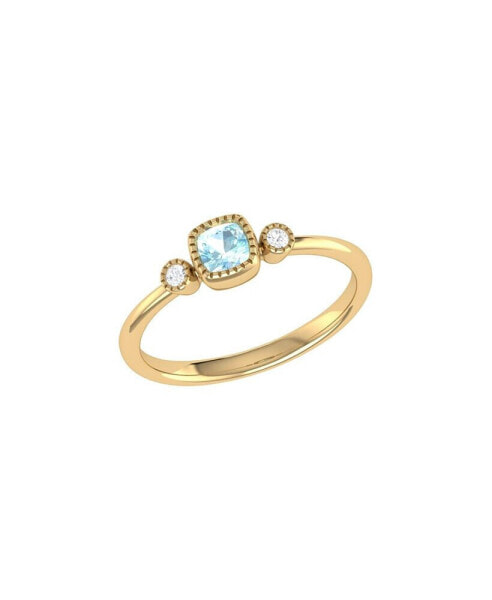 Cushion Cut Aquamarine Gemstone, Natural Diamonds Birthstone Ring in 14K Yellow Gold
