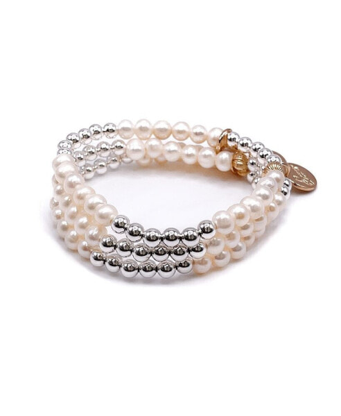 5mm Silver Ball and Freshwater Pearl Stretch Bracelet