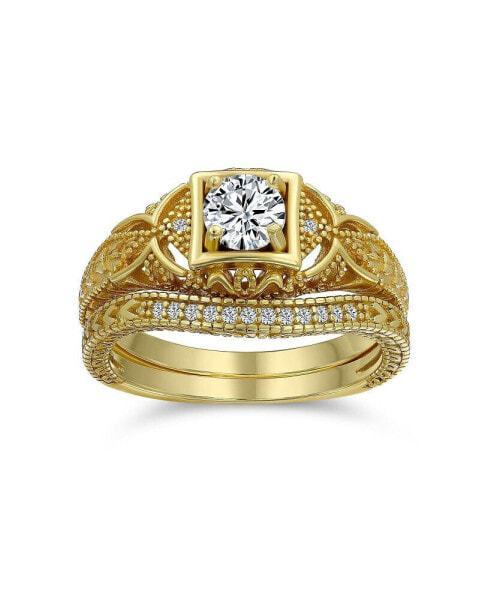 1CT Deco Style Solitaire Round CZ Pave Contoured Band Engagement Wedding Ring Set Gold Plated Sterling Silver