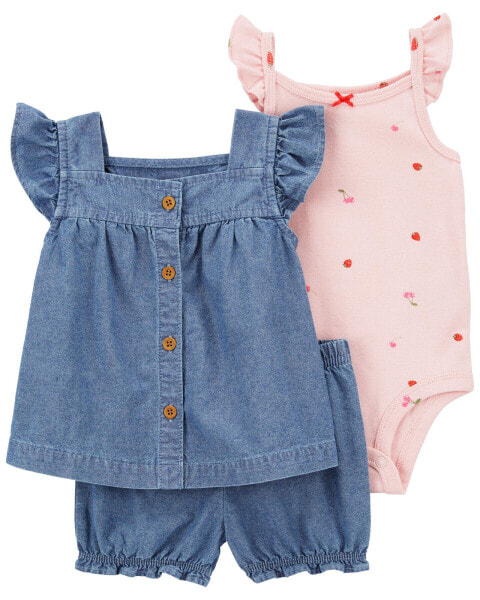 Baby 3-Piece Cherry Chambray Little Short Set 24M