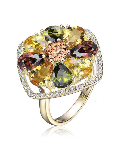 Sterling Silver 14K Gold Plated Multi Color Cubic Zirconia Accent Flower Setting Ring