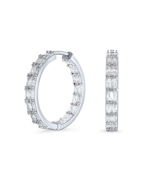 Bridal Statement AAA CZ Brilliant Emerald Cut Cubic Zirconia Inside Out Hoop Earrings Wedding Prom Holiday Party Rhodium Plated 1 In Diameter