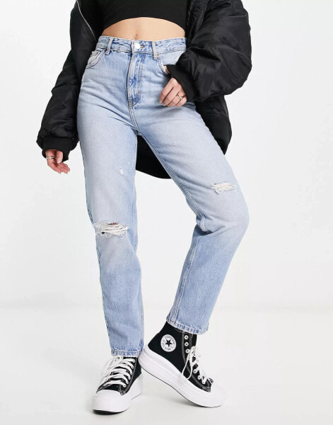 Pull&Bear high waisted mom jean with rips in medium blue