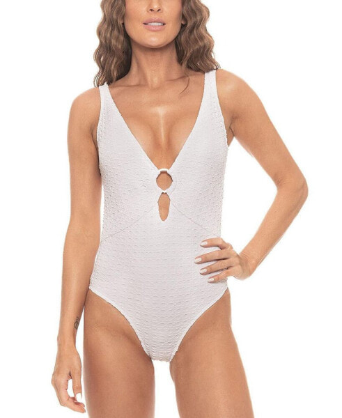 Women's Lace Overlay Ring V Neck One Piece Swimsuit