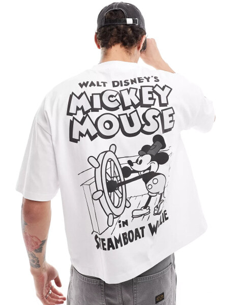 ASOS DESIGN Disney boxy oversized license t-shirt with Mickey Mouse Steamboat Willie prints in white