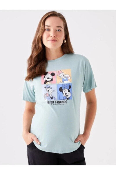 Maternity Bisiklet Yaka Mickey Mouse Baskılı Kısa Kollu Hamile Tişört