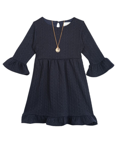 Little Girls Bell Sleeve Knit Dress with Necklace