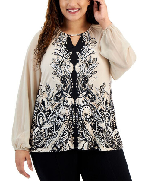 Plus Size Printed Chiffon-Sleeve Embellished-Neck Top, Created for Macy's