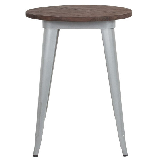 24" Round Silver Metal Indoor Table With Walnut Rustic Wood Top
