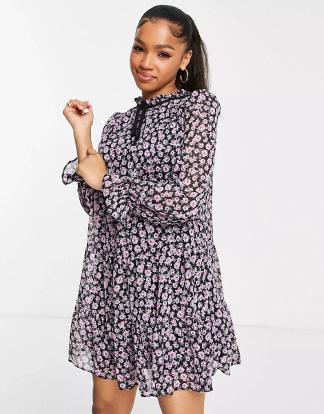 New Look tie neck mini chiffon smock dress in ditsy floral