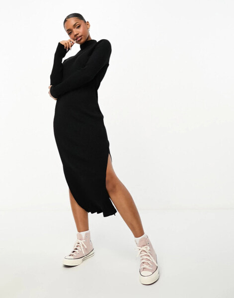 Pimkie roll neck side split midi jumper dress in black