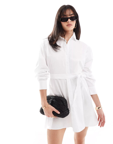 Miss Selfridge poplin belted mini shirt dress in white