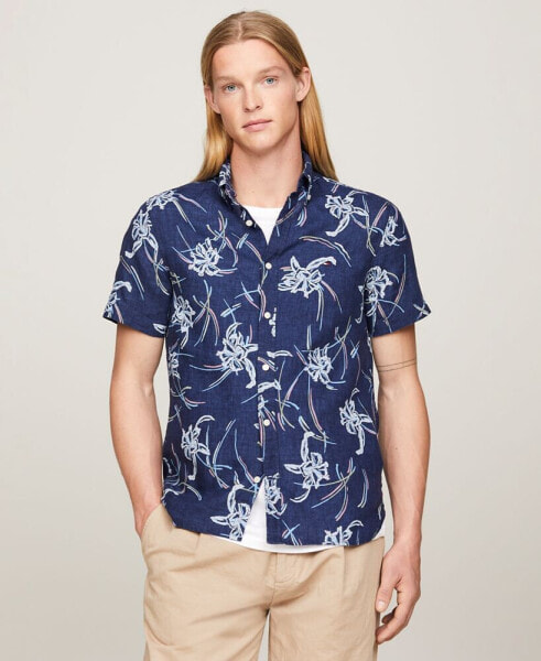 Men's Short Sleeve Tropical Print Button-Down Shirt