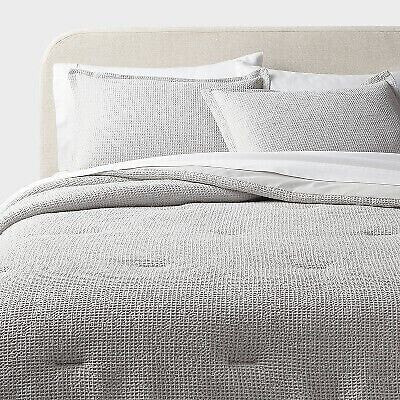 Full/Queen Trad Washed Waffle Weave Comforter and Sham Set Comfort Light Gray -