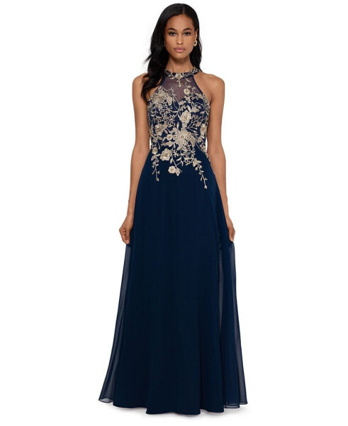 Petite Sleeveless Floral-Appliqué Illusion Gown