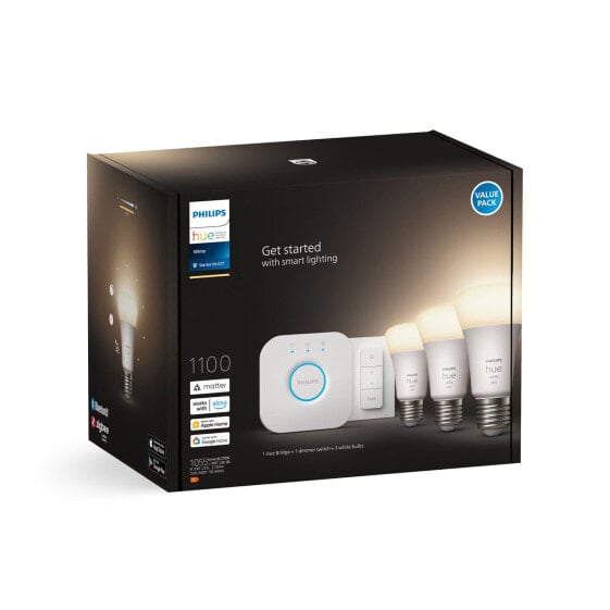 Signify Philips Hue White Starter kit: 3 E27 smart bulbs (1100) + dimmer switch - Smart bulb - White - Bluetooth/Zigbee - Integrated LED - E27 - Soft white