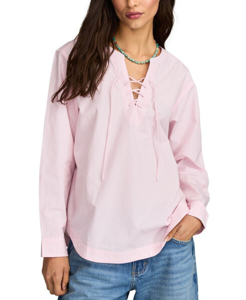 Cotton Lace-Up Long-Sleeve Boyfriend Shirt