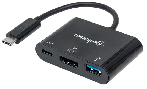 Manhattan USB-C Dock/Hub - Ports (x3): HDMI - USB-A and USB-C - With Power Delivery to USB-C Port (60W) - Cable 8cm - Black - Three Year Warranty - Blister - USB Type-A - USB Type-C - Black - Acrylonitrile butadiene styrene (ABS) - HDCP 1.4 CE FCC RoHS2 WEEE - 3840