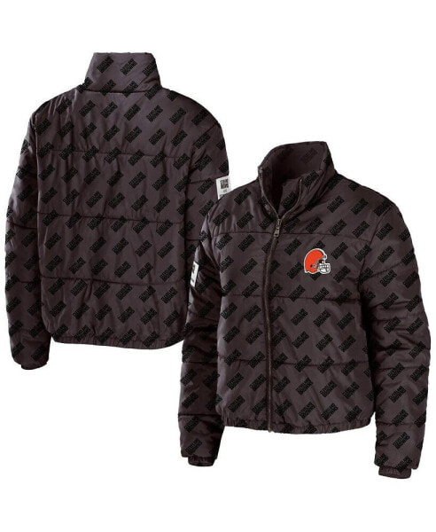 Women's Brown Cleveland Browns Puffer Full-Zip Cropped Jacket