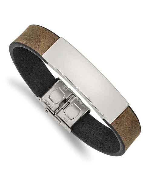 Stainless Steel Polished Black and Brown Leather ID Bracelet