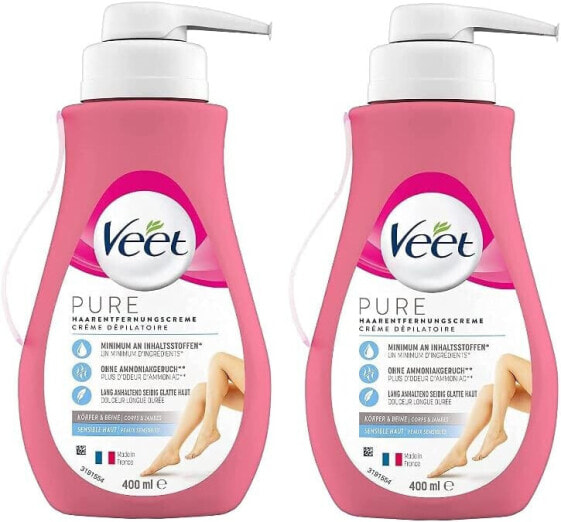 Veet Sensitive Hair Removal Cream, Fast & Effective Hair Removal for Silky Smooth Skin, Application Time 5-10 Minutes, 400 ml Dispenser with Spatula (2x 400 ml)