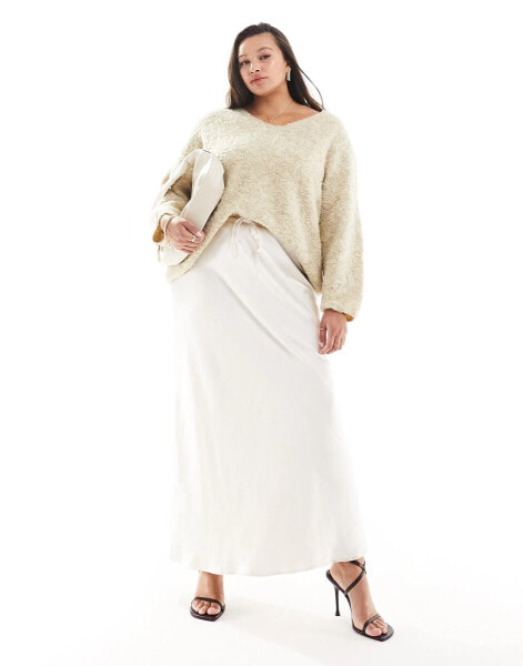 4th & Reckless Plus exclusive satin drawstring waist maxi skirt in cream