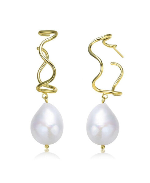 Very Stylish Sterling Silver with 14K Gold Plating and Genuine Freshwater Pearl Curvy Dangling Earrings