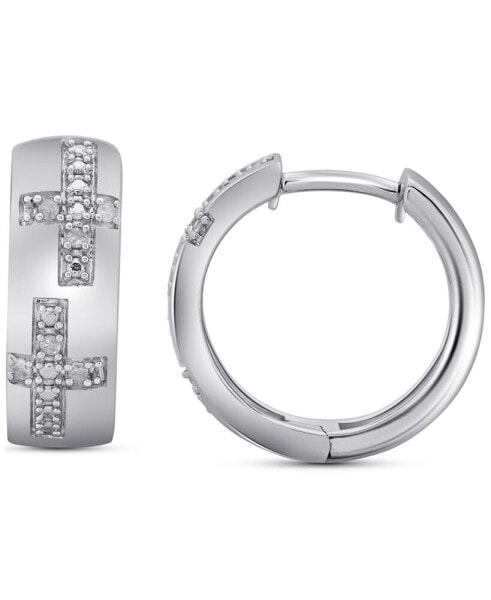 Men's Diamond Cross Small Huggie Hoop Earrings (1/20 ct. t.w.) in Sterling Silver, 0.63"