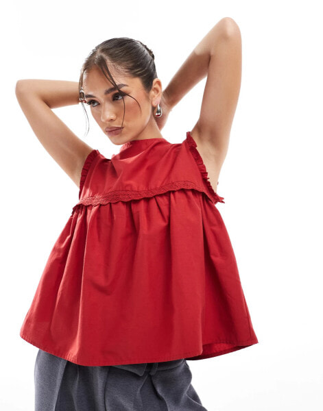 ASOS DESIGN poplin lace trim trapeze top in red