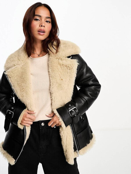 New Look faux fur aviator in black and tan