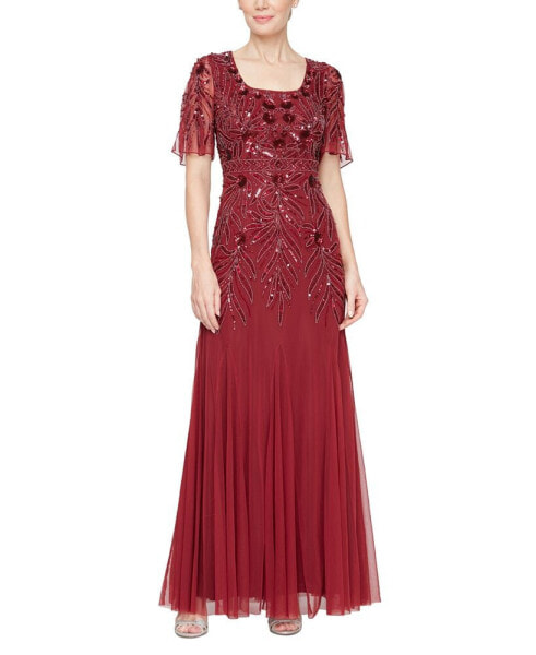 Women's Sequin Chiffon Flutter-Sleeve Gown