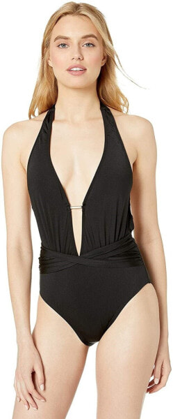 Kenneth Cole New York Women's 189704 Plunge One Piece Black Swimsuit Size L