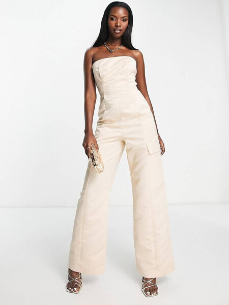 ASOS DESIGN structured satin cargo jumpsuit in ivory