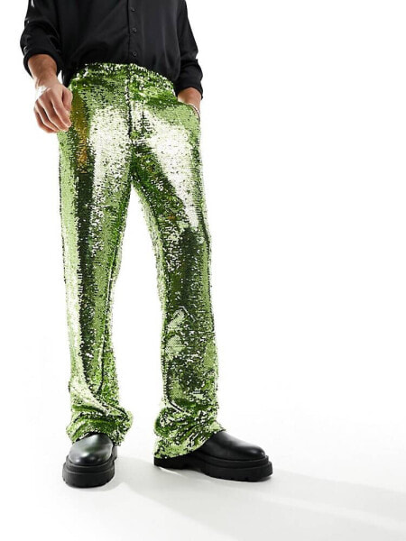 ASOS DESIGN smart flare trousers in lime green sequins