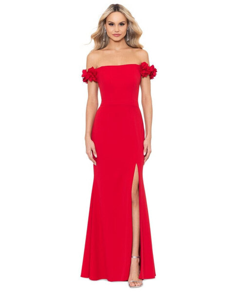 Petite Off-The-Shoulder Scuba Crepe Gown