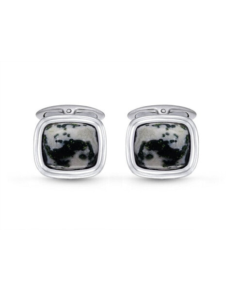 Tree Agate Gemstone Sterling Silver Black Rhodium Plated Men Cufflinks