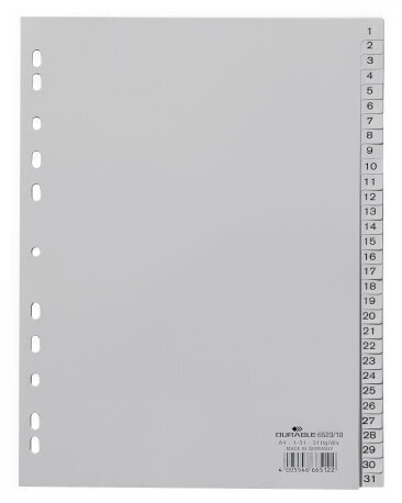 Durable 652310 - Numeric tab index - Polypropylene (PP) - Grey - Portrait - A4 portrait full size - 230 mm