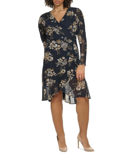 Plus Size Floral-Print Mesh Faux-Wrap Dress