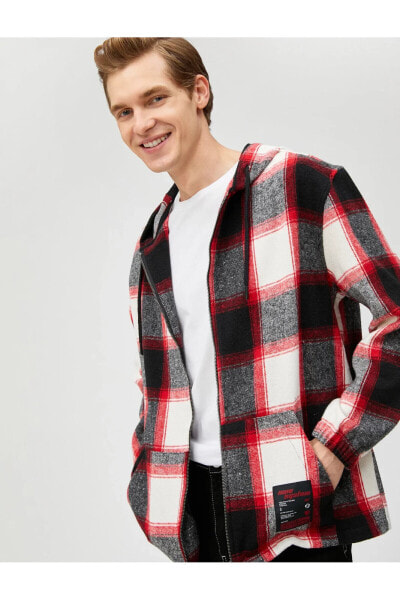 Kareli Kapşonlu Sweatshirt Etiket Baskılı Cepli