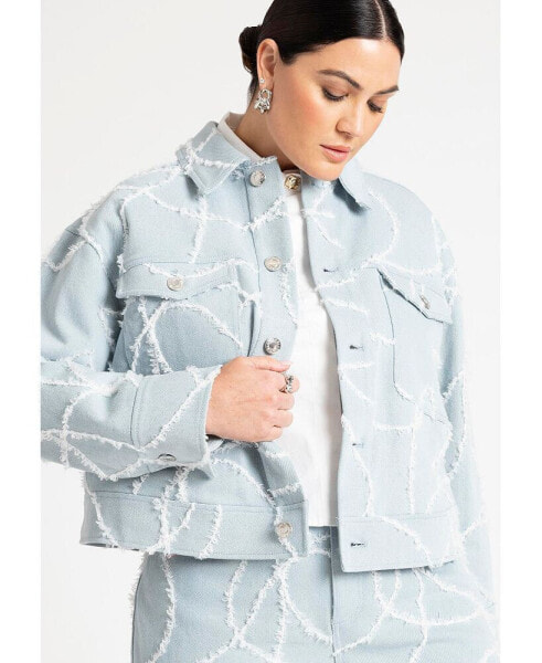 Plus Size Distressed Embroidered Denim Jacket