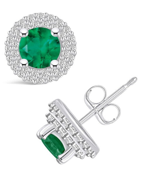 Emerald (1 Ct. t.w.) and Diamond (1/3 Ct. t.w.) Halo Stud Earrings