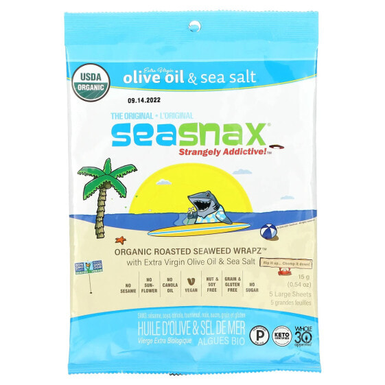 SeaSnax, упаковка органических обжаренных водорослей, оригинальный вкус, 5 больших листов, 15 г (0,54 унции)