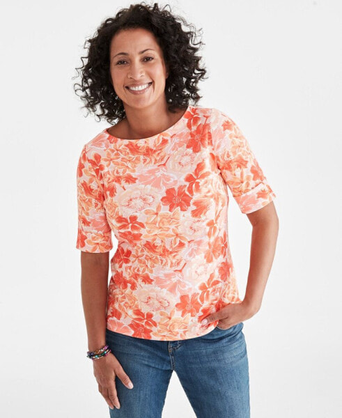 Women's Printed Elbow-Sleeve Boat-neck Top, Created for Macy's