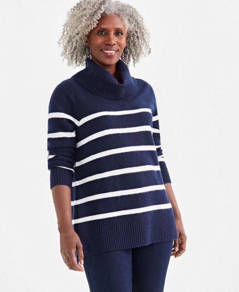 Women's Striped Cozy Turtleneck Tunic Sweater, Created for Macy's