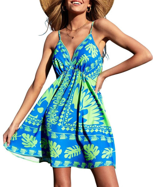 Women's Blue-and-Green Tropical Sweetheart Mini Beach Dress