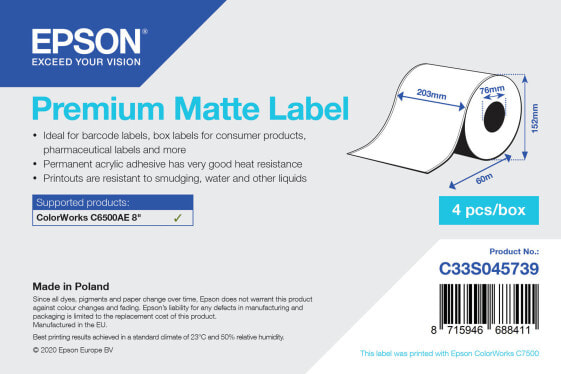 Epson C33S045739 - White - Continuous label - Inkjet - Acrylic - Permanent - Matte