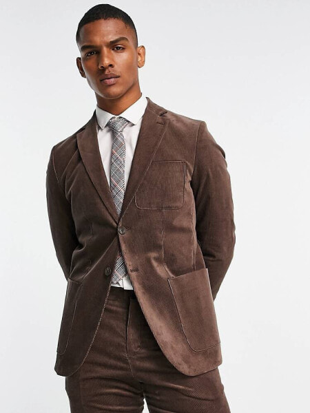 Selected Homme slim fit suit jacket in brown cord