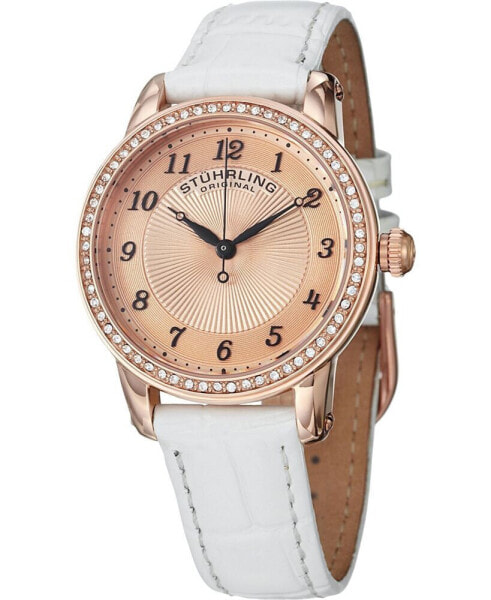Original Classy Ladies Ultra Slim Quartz Watch, Rose Tone Case on White Alligator Embossed Genuine Leather Strap, Crystals on Rose Tone Bezel, Rose Tone Dial With Black Accents