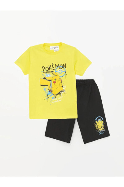 LCW Kids Bisiklet Yaka Pikachu Baskılı Kısa Kollu Erkek Çocuk Şortlu Pijama Takımı