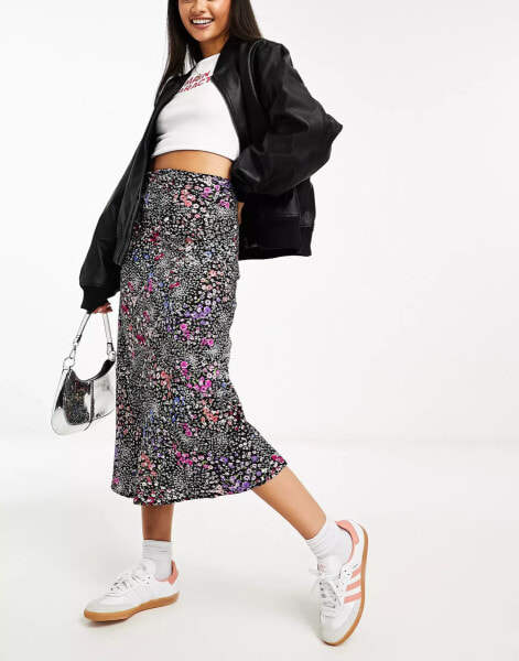 Wednesday's Girl bias cut midi skirt in black floral